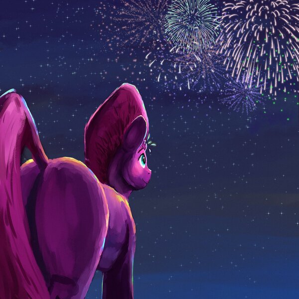 Size: 2021x2021 | Tagged: safe, artist:dummyhorse, derpibooru import, fizzlepop berrytwist, tempest shadow, pony, unicorn, broken horn, butt, female, fireworks, glowing horn, high res, holiday, horn, image, jpeg, looking at something, looking up, mare, outdoors, perspective, plot, rear view, smiling, solo, standing, starry night, stars, tempass, three quarter view