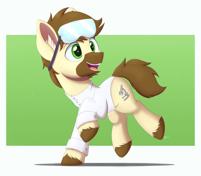 Size: 4000x3511 | Tagged: safe, artist:arcane-thunder, derpibooru import, oc, oc:calpain, earth pony, pony, birthday gift, brown mane, brown tail, clothes, cloven hooves, cute, cutie mark, ear fluff, goggles, high res, image, lab coat, male, open mouth, png, simple background, smiling, solo, stallion, unshorn fetlocks
