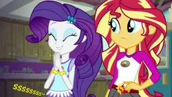 Size: 960x540 | Tagged: suggestive, artist:thedarkpony, derpibooru import, edit, edited screencap, screencap, rarity, sunset shimmer, equestria girls, legend of everfree, accident, camp everfree outfits, clothes, excited, female, fetish, image, implied pissing, implied urine, implied wetting, onomatopoeia, peeing in shorts, png, shorts, urine, watersports