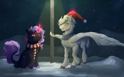 Size: 6400x4000 | Tagged: safe, artist:isorrayi, derpibooru import, oc, unofficial characters only, classical unicorn, pegasus, pony, unicorn, christmas, clothes, cloven hooves, female, hat, holiday, image, leonine tail, mare, png, santa hat, scarf, unshorn fetlocks