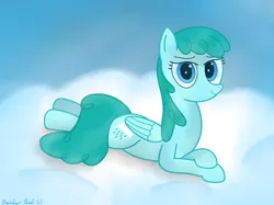 Size: 4032x3016 | Tagged: safe, artist:rainbowšpekgs, derpibooru import, spring melody, sprinkle medley, pegasus, pony, cloud, female, image, looking at you, lying, lying down, lying on a cloud, on a cloud, png, prone, sky, smiling, solo, wings