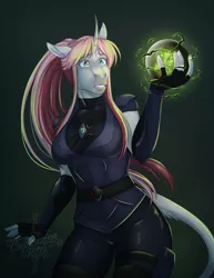 Size: 2538x3283 | Tagged: safe, artist:askbubblelee, derpibooru import, oc, oc:rosie quartz, unofficial characters only, anthro, pony, unicorn, anthro oc, digital art, female, horn, image, leonine tail, mare, orb, png, royal guard, solo, story in the source, unicorn oc