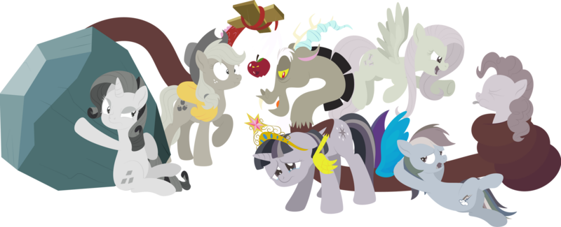 Size: 1920x779 | Tagged: safe, artist:alexdti, derpibooru import, applejack, fluttershy, pinkie pie, rainbow dash, rarity, tom, twilight sparkle, draconequus, earth pony, pegasus, pony, unicorn, the return of harmony, angry, apple, applejack's hat, big crown thingy, cowboy hat, crying, discorded, element of magic, eyes closed, female, food, hat, image, jewelry, male, mane six, mare, open mouth, pffftftpfpfffttff, png, pointing, regalia, rock, rude, sad, simple background, sitting, tongue out, transparent background