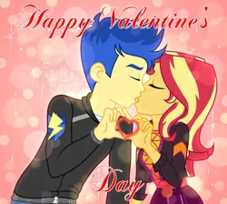 Size: 1280x1146 | Tagged: safe, artist:emperor-anri, derpibooru import, flash sentry, sunset shimmer, equestria girls, female, flashimmer, heart, heart hands, holiday, image, jpeg, kissing, male, shipping, straight, valentine's day