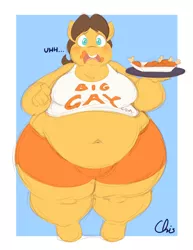 Size: 2550x3300 | Tagged: suggestive, alternate version, artist:nekocrispy, derpibooru import, caramel, anthro, unguligrade anthro, belly, belly button, bhm, big belly, big gay, blushing, fat, femboy, femboy hooters, food, huge belly, image, male, messy, moobs, morbidly obese, obese, open mouth, png, sauce, text, tray