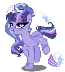 Size: 1500x1650 | Tagged: safe, artist:gihhbloonde, artist:meimisuki, derpibooru import, oc, unofficial characters only, pony, unicorn, adoptable, base used, ear piercing, earring, eyeshadow, female, freckles, hat, image, jewelry, magical lesbian spawn, makeup, mare, markings, multicolored hair, offspring, open mouth, parent:trixie, parent:twilight sparkle, parents:twixie, piercing, png, raised hoof, raised leg, simple background, solo, tattoo, transparent background, witch hat