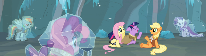 Size: 3104x847 | Tagged: safe, composite screencap, derpibooru import, edit, edited screencap, screencap, applejack, chancellor puddinghead, clover the clever, commander hurricane, fluttershy, pinkie pie, princess platinum, private pansy, rainbow dash, rarity, smart cookie, twilight sparkle, earth pony, pegasus, pony, unicorn, hearth's warming eve (episode), cave, floppy ears, frozen, ice, image, panorama, png, unicorn twilight