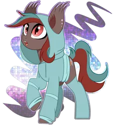 Size: 2088x2308 | Tagged: safe, artist:angel_animotr, derpibooru import, oc, oc:littleknot, unofficial characters only, bat pony, hybrid, pony, wingless bat pony, bat pony oc, bat wings, clothes, eyeshadow, fangs, hoodie, image, looking up, makeup, open mouth, partial background, png, slit pupils, socks, solo, wingless, wings