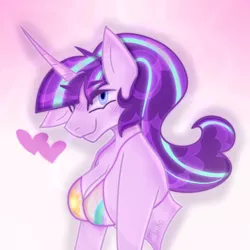 Size: 600x600 | Tagged: suggestive, alternate version, artist:junko, derpibooru import, starlight glimmer, anthro, pony, semi-anthro, art, bra, breasts, bust, clothes, cutie mark, cutie mark on clothes, digital art, female, floppy ears, image, implied princess celestia, looking at you, mare, png, signature, simple background, smiling, solo, swimsuit, underwear, underwear swap, white background