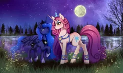 Size: 2600x1550 | Tagged: safe, artist:jaderabbit, derpibooru import, princess amore, princess luna, alicorn, pegasus, pony, unicorn, commission, couple, female, forest, image, jpeg, lake, lesbian, moon, night, night sky, shipping, sky, stars, tree, ych result