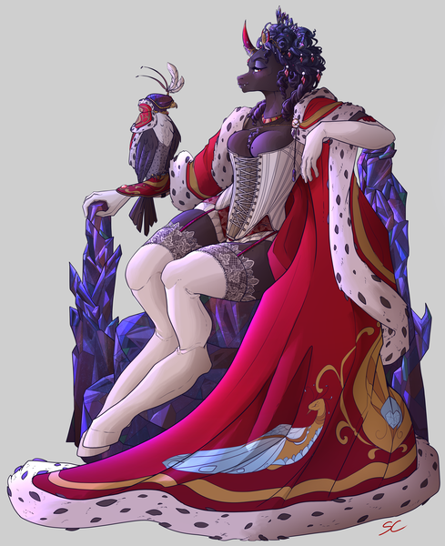 Size: 4323x5300 | Tagged: suggestive, artist:sourcherry, derpibooru import, king sombra, anthro, bird, falcon, unguligrade anthro, breasts, busty queen umbra, chest fluff, cleavage, cloak, clothes, colored horn, corset, crystal, curved horn, ermine, fangs, female, gloves, hairdo, horn, image, lace, lingerie, png, queen umbra, rule 63, solo, solo female, sombra horn, throne, underwear, updo