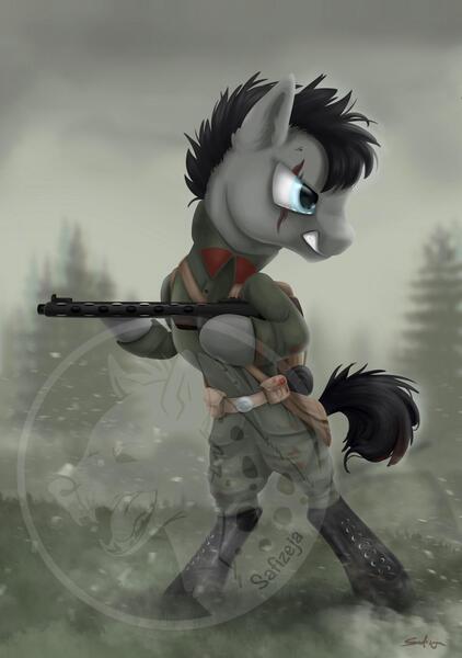 Size: 1280x1819 | Tagged: safe, artist:safizejaart, derpibooru import, oc, unofficial characters only, image, jpeg, soldier, soldier pony, watermark, weapon