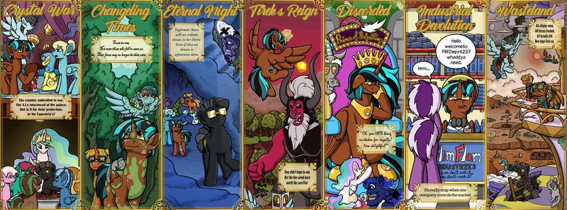 Size: 7364x2729 | Tagged: safe, artist:riverfox237, derpibooru import, edit, discord, lord tirek, princess celestia, princess luna, oc, oc:agent windigo, oc:chewie, oc:codebreak, oc:pitch black, oc:pitch forward, oc:pitch perfect, oc:sales patter, oc:salespitch, unofficial characters only, alicorn, chinchilla, earth pony, pegasus, pony, unicorn, the cutie re-mark, alternate timeline, ashlands timeline, ask-iamnotanalicorn, baby, baby celestia, baby luna, baby pony, barren, canterlot, canterlot castle, changeling slime, chaotic timeline, chrysalis resistance timeline, commission, commissioner:reversalmushroom, compilation, crystal, crystal war timeline, desert, destroyed, destroyed building, destruction, dystopia, female, filly, flim flam industry timeline, flying, hiding, image, implied changeling, implied chrysalis, implied discord, implied flim flam brothers, implied genocide, implied nightmare moon, implied sombra, implied tirek, male, moon, nightmare takeover timeline, pegacorn, png, post-apocalyptic, ship, story in the source, sun, tirek's timeline, toddler, wasteland, wreckage, young celestia, young luna