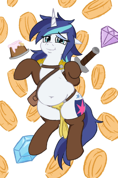 Size: 960x1444 | Tagged: safe, artist:jargon scott, derpibooru import, shining armor, pony, unicorn, armor, belly button, boots, cake, chubby, clothes, coin, fat, female, food, gem, gleaming shield, image, loincloth, looking at you, mare, png, rule 63, shining blubber, shoes, smiling, solo, sword, unconvincing armor, weapon