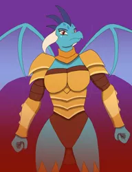 Size: 720x936 | Tagged: safe, artist:afhybrid, derpibooru import, princess ember, anthro, dragon, amazon, armor, breasts, busty princess ember, dragon armor, dragoness, female, fire, image, jpeg, lizard breasts, solo, spread wings, wings