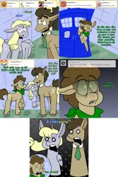 Size: 1502x2254 | Tagged: safe, artist:unrulyheartz, derpibooru import, derpy hooves, doctor whooves, time turner, oc, oc:tantamount, earth pony, pegasus, pony, lovestruck derpy, crossover, disguise, disguised changeling, doctor who, female, image, male, mare, png, stallion, tantamount-time-turner, tardis, the doctor