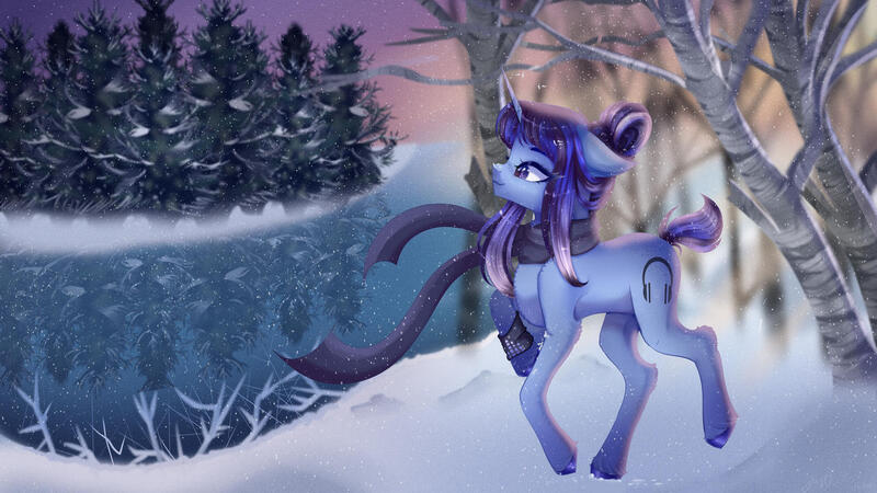 Size: 1280x720 | Tagged: safe, artist:justkattyo, derpibooru import, oc, unofficial characters only, pony, unicorn, clothes, female, forest, hooves, image, jpeg, river, scarf, scenery, snow, tree, unshorn fetlocks