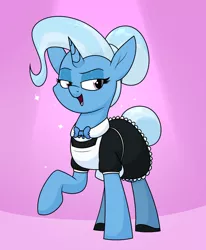 Size: 1400x1700 | Tagged: safe, artist:moonatik, derpibooru import, trixie, pony, unicorn, apron, bowtie, clothes, dress, eyeshadow, female, hair bun, image, maid, makeup, mare, open mouth, png, raised hoof, shoes, skirt, smug, solo, sparkles, tail bun, tights