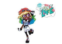 Size: 2039x1447 | Tagged: safe, artist:theladysknight, derpibooru import, rainbow dash, human, my little pony: pony life, alternate hairstyle, belt, clothes, dark skin, ear piercing, earring, female, gloves, goggles, hoodie, humanized, image, jewelry, leggings, open mouth, piercing, png, shirt, shoes, shorts, simple background, sleeveless, sneakers, socks, solo, transparent background, t-shirt