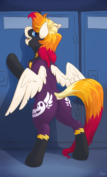 Size: 1179x1947 | Tagged: safe, artist:ailoy4, derpibooru import, oc, oc:hotfix, unofficial characters only, pegasus, pony, bipedal, bipedal leaning, clothes, costume, dock, goggles, image, leaning, locker, looking at you, looking back, looking back at you, male, multicolored hair, open mouth, png, shadowbolts costume, smiling, solo, stallion