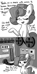 Size: 3000x6000 | Tagged: safe, artist:tjpones, derpibooru import, oc, oc:brownie bun, unofficial characters only, earth pony, pony, horse wife, computer, eniac, female, grayscale, image, mare, monochrome, png, solo, univac