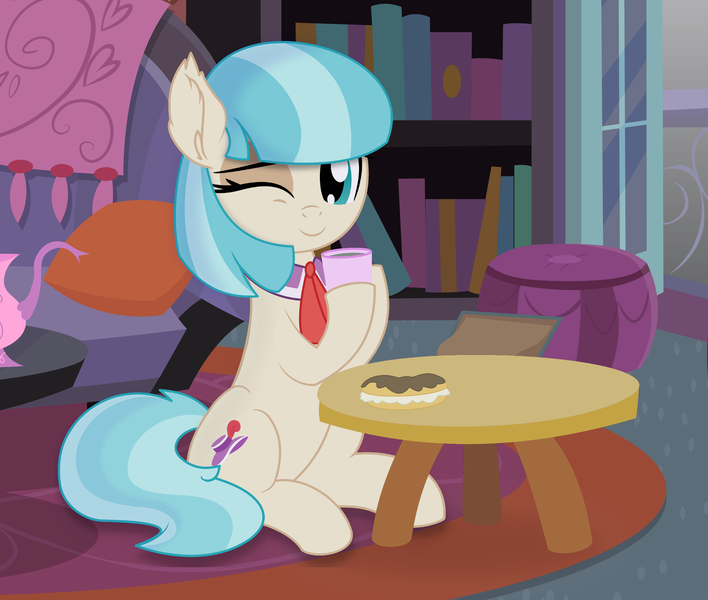 Size: 2313x1959 | Tagged: safe, artist:cyanlightning, artist:mlp-silver-quill, artist:slb94, derpibooru import, edit, vector edit, coco pommel, earth pony, pony, cocobetes, coffee cup, cup, cute, eclair, female, food, image, mare, one eye closed, png, sitting, smiling at you, solo, vector, wink