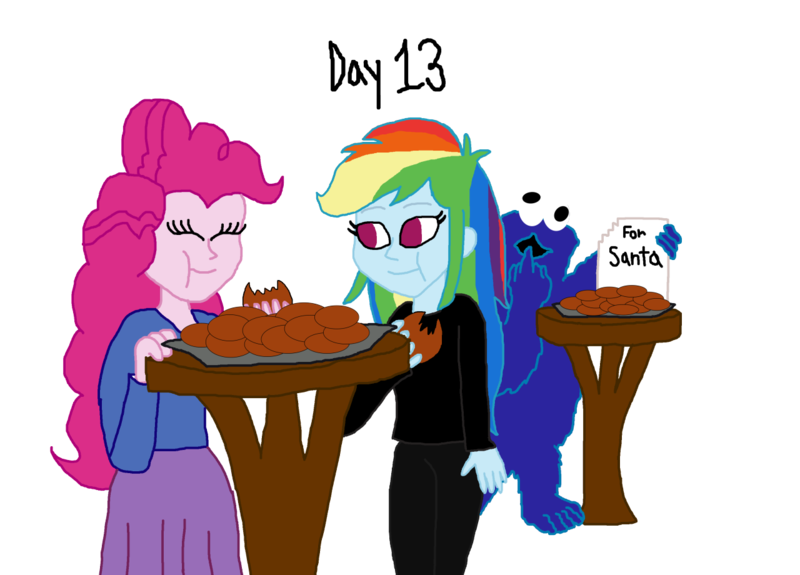 Size: 1280x920 | Tagged: safe, artist:horroraceman93, derpibooru import, pinkie pie, rainbow dash, sonata dusk, equestria girls, christmas, cookie, cookie monster, female, food, holiday, image, lesbian, munching, pinkiedash, png, sesame street, shipping, simple background, transparent background