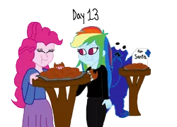 Size: 1280x920 | Tagged: safe, artist:horroraceman93, derpibooru import, pinkie pie, rainbow dash, sonata dusk, equestria girls, christmas, cookie, cookie monster, female, food, holiday, image, lesbian, munching, pinkiedash, png, sesame street, shipping, simple background, transparent background