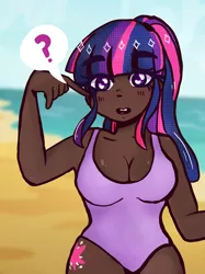 Size: 2048x2732 | Tagged: suggestive, artist:prizecow, derpibooru import, twilight sparkle, human, adorasexy, beach, blushing, breasts, busty twilight sparkle, cleavage, clothes, cute, cutie mark on human, dark skin, female, heart eyes, humanized, image, ocean, one-piece swimsuit, png, question mark, sexy, solo, solo female, speech bubble, swimsuit, wingding eyes