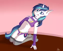 Size: 2500x2000 | Tagged: suggestive, artist:shypuppy, derpibooru import, shining armor, anthro, unguligrade anthro, unicorn, belly button, bipedal, choker, clothes, crossdressing, crotch bulge, digital art, eyeshadow, femboy, girly, gloves, image, kneeling, long gloves, makeup, male, png, shining femboy armor, simple background, socks, solo, stockings, thigh highs, trap