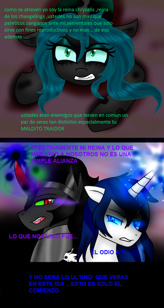Size: 800x1500 | Tagged: safe, artist:xiolyeca, derpibooru import, king sombra, queen chrysalis, shining armor, changeling, changeling queen, pony, umbrum, unicorn, alternate universe, armor, bevor, blue sclera, chestplate, clothes, colored sclera, comic, corrupted, corrupted shining armor, criniere, croupiere, crown, crystal ball, cuirass, dark magic, fangs, fauld, female, glowing horn, gorget, green sclera, helmet, horn, image, jewelry, magic, male, peytral, plackart, png, possessed, possession, regalia, shining shadow, sombra eyes, sombra's cape, sombra's robe, spanish, tiara, translated in the comments, trio