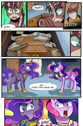 Size: 1800x2740 | Tagged: safe, artist:candyclumsy, author:bigonionbean, derpibooru import, oc, oc:king speedy hooves, oc:princess luminescent love, oc:princess morning star, alicorn, pony, comic:the fusion flashback 2, alicorn princess, basement, canterlot, canterlot castle, chamber, comic, commissioner:bigonionbean, cutie mark, ethereal mane, flashback, forced, fusion, fusion:king speedy hooves, fusion:princess luminescent love, fusion:princess morning star, image, jewelry, magic, merge, png, royalty, secret room, shocked, surprised