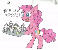 Size: 1036x888 | Tagged: safe, artist:cmara, derpibooru import, pinkie pie, earth pony, pony, bipedal, cupcake, female, food, hoof hold, image, jpeg, mare, open mouth, raised hoof, simple background, solo, traditional art, tray, white background