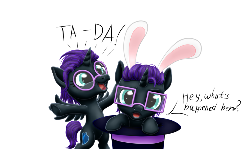 Size: 2575x1591 | Tagged: safe, artist:vasillium, derpibooru import, oc, oc:nox (rule 63), oc:nyx, unofficial characters only, alicorn, pony, accessories, adorable face, adorkable, alicorn oc, brother, brother and sister, bunny ears, colt, cute, cutie mark, diabetes, dialogue, dork, exclamation point, eyebrows, eyelashes, eyes open, family, female, filly, glasses, happy, hat, heartwarming, horn, image, looking, looking at you, looking up, magic trick, male, nostrils, nyxabetes, open mouth, png, prince, princess, question, question mark, r63 paradox, royalty, rule 63, rule63betes, self paradox, self ponidox, shield, siblings, simple background, sisters, smiling, speech bubble, spread wings, sweet, symbol, talking, talking to viewer, text, transparent background, twins, wall of tags, wings, wizard hat