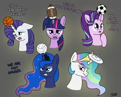 Size: 2500x2004 | Tagged: safe, artist:banquo0, derpibooru import, princess celestia, princess luna, rarity, starlight glimmer, twilight sparkle, alicorn, pony, unicorn, american football, basketball, bust, football, frisbee, g5, gray background, horn, horn guard, horn impalement, hornball, image, jpeg, luna is not amused, simple background, soccer ball (object), sports, text, unamused, volleyball