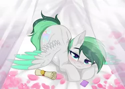 Size: 3465x2454 | Tagged: suggestive, artist:kim0508, derpibooru import, oc, oc:dreamer skies, pegasus, pony, asking for it, bedroom, bedroom eyes, blushing, commission, condom, cute, ethereal mane, image, looking at you, png, pony oc, smiling, smiling at you, starry eyes, starry mane, wingding eyes, ych result