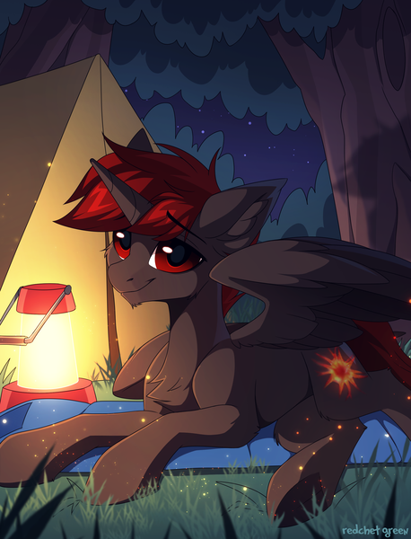 Size: 2000x2621 | Tagged: safe, artist:redchetgreen, derpibooru import, oc, oc:hardy, unofficial characters only, alicorn, pony, alicorn oc, camp, camper, chest fluff, forest, full body, grass, high res, horn, image, lantern, male, night, png, red eyes, smiling, solo, stallion, tent, tree, wings