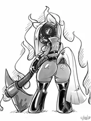 Size: 1200x1600 | Tagged: suggestive, artist:noupie, derpibooru import, pinkie pie, anthro, axe, boots, breasts, chibi, clothes, female, fireproof boots, gas mask, image, jpeg, mask, monochrome, pinkamena diane pie, pinkie pyro, rubber, rubber suit, shoes, solo, solo female, team fortress 2, weapon