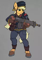 Size: 3508x4961 | Tagged: safe, artist:tass_the_bovine, derpibooru import, applejack, anthro, earth pony, unguligrade anthro, clothes, dieselpunk equestria, equestrian defense force, gun, image, military uniform, png, solo, steampunk, uniform, weapon