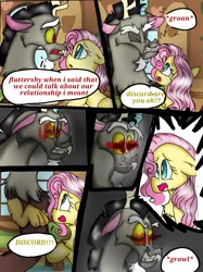 Size: 899x1200 | Tagged: safe, artist:cocolove2176, derpibooru import, discord, fluttershy, draconequus, pegasus, pony, comic:love heals, angry, bust, comic, crying, dialogue, discoshy, duo, eyelashes, eyes closed, female, floppy ears, groan, growl, image, indoors, male, mare, onomatopoeia, open mouth, png, shipping, smiling, straight, tears of fear, teeth