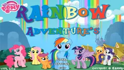 Size: 1280x720 | Tagged: safe, artist:jbm-deviantart, derpibooru import, applejack, fluttershy, pinkie pie, rainbow dash, rarity, scootaloo, twilight sparkle, twilight sparkle (alicorn), alicorn, earth pony, pegasus, pony, unicorn, .exe, creepypasta, female, filly, image, png, rainbow adventures, rainbow.exe, smiling, title screen