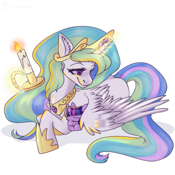 Size: 1200x1200 | Tagged: safe, artist:citrus-flamingo, derpibooru import, princess celestia, twilight sparkle, alicorn, pony, unicorn, candle, candle holder, cute, eyes closed, female, filly, filly twilight sparkle, glowing horn, horn, image, jewelry, magic, mare, momlestia, png, regalia, simple background, sleeping, smiling, snuggling, telekinesis, transparent background, twiabetes, unicorn twilight, wing blanket, younger