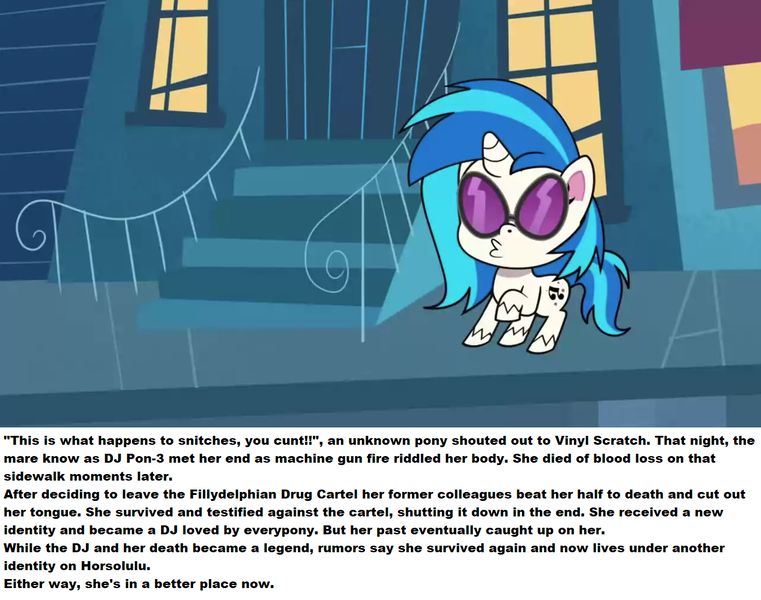 Size: 1274x1005 | Tagged: semi-grimdark, derpibooru import, edit, edited screencap, screencap, vinyl scratch, pony, my little pony: pony life, whoof-dunnit, spoiler:pony life s01e22, female, image, implied death, implied murder, mute vinyl, png, ponestrip, solo, vulgar