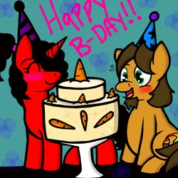 Size: 2048x2048 | Tagged: safe, artist:artmama113, derpibooru import, oc, unofficial characters only, earth pony, pony, unicorn, blushing, cake, earth pony oc, eyes closed, female, food, hair over one eye, happy birthday, hat, horn, image, jpeg, male, mare, party hat, signature, smiling, stallion, unicorn oc