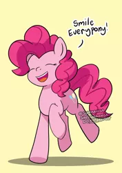 Size: 1024x1449 | Tagged: safe, artist:shujiwakahisaa, derpibooru import, pinkie pie, earth pony, pony, cute, dialogue, diapinkes, eyes closed, female, image, jpeg, mare, open mouth, simple background, smiling, solo, yellow background