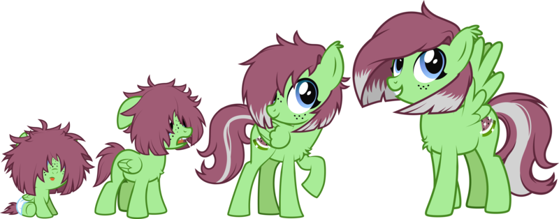 Size: 5744x2257 | Tagged: safe, artist:lightning stripe, derpibooru import, oc, oc:watermelon success, pegasus, pony, 3/4 view, :p, age progression, blue eyes, chest fluff, commission, covered eyes, cute, derpibooru exclusive, diaper, ear fluff, female, filly, floppy ears, foal, freckles, grin, hair over eyes, hair over one eye, image, mare, messy mane, ocbetes, one hoof raised, open mouth, png, red mane, show accurate, simple background, sitting, smiling, solo, spread wings, teenager, tongue out, tooth gap, transparent background, two toned mane, two toned tail, vector, wings