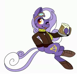 Size: 4096x3916 | Tagged: safe, alternate version, artist:inkynotebook, derpibooru import, oc, oc:aether naut, unofficial characters only, earth pony, pony, beer mug, blushing, boots, cider, clothes, earth pony oc, female, goggles, hoof hold, image, jpeg, mare, one eye closed, scarf, shoes, simple background, solo, white background, wink