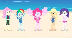 Size: 2816x1512 | Tagged: safe, artist:draymanor57, derpibooru import, applejack, fluttershy, pinkie pie, rainbow dash, rarity, equestria girls, applejack's beach shorts swimsuit, barefoot, beach, beach shorts swimsuit, clothes, cotton candy, feet, fluttershy's beach shorts swimsuit, humane five, image, one-piece swimsuit, png, shirt, swimsuit, wetsuit, young, younger