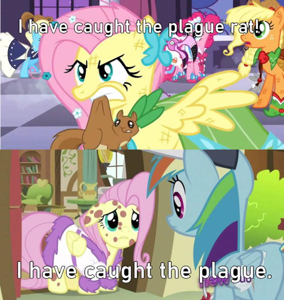 Size: 1800x1900 | Tagged: safe, derpibooru import, edit, edited screencap, screencap, applejack, fluttershy, pinkie pie, rainbow dash, pegasus, pony, squirrel, hurricane fluttershy, the best night ever, clothes, dress, gala dress, image, meme, mouth hold, plague, png, shitposting, sick