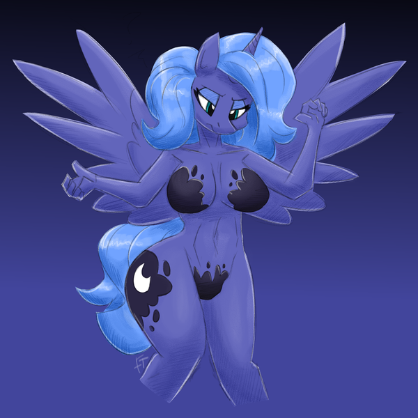 Size: 1500x1500 | Tagged: suggestive, artist:flutterthrash, derpibooru import, princess luna, alicorn, anthro, breasts, clothes, female, image, png, solo, solo female, underwear, wings